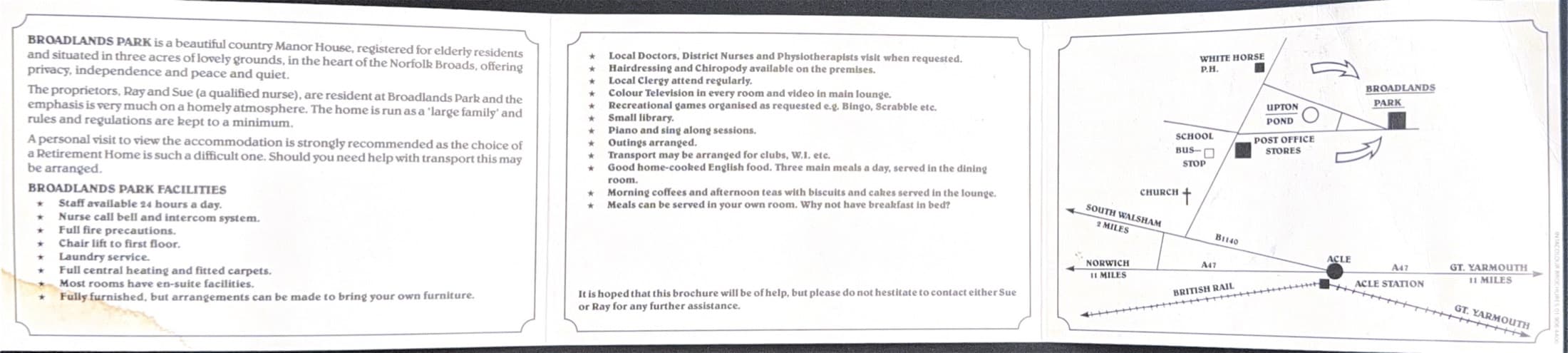 Written panel from an original Broadlands Park brochure listing facilities and a location map.