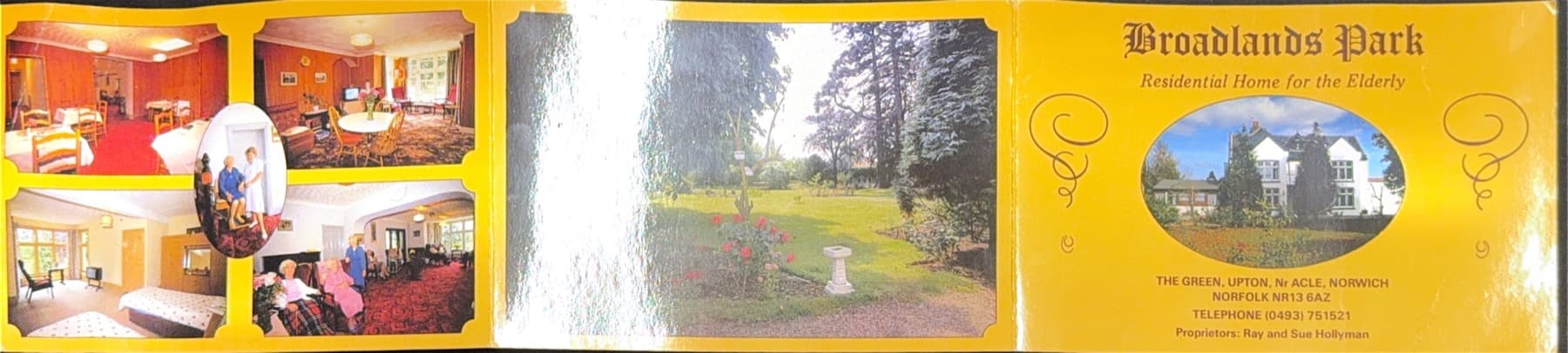 Original Broadlands Park brochure showing interior rooms, gardens and an exterior photograph.