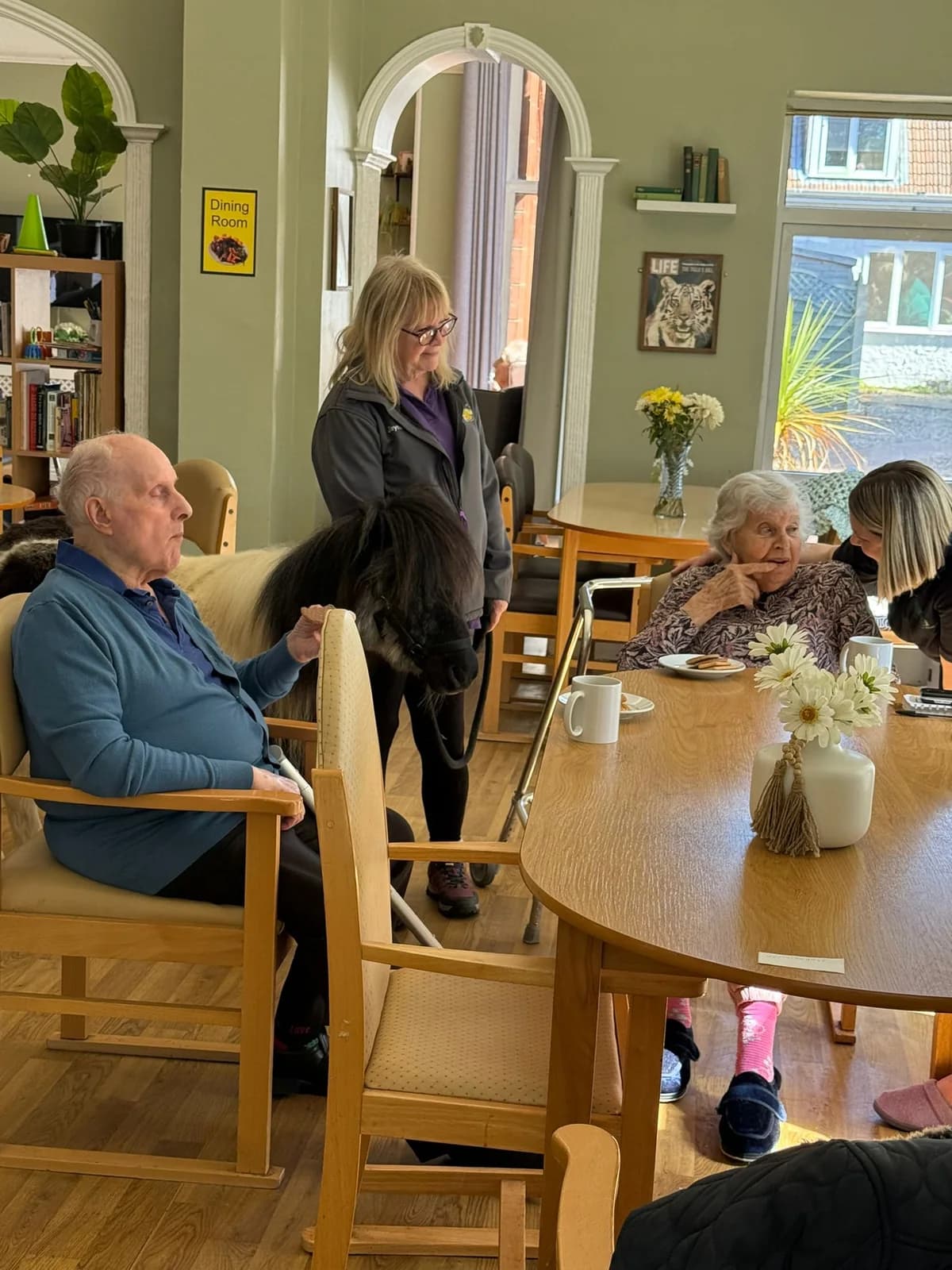 Residents sitting together in a lounge during a pony visit at Braydeston Court.
