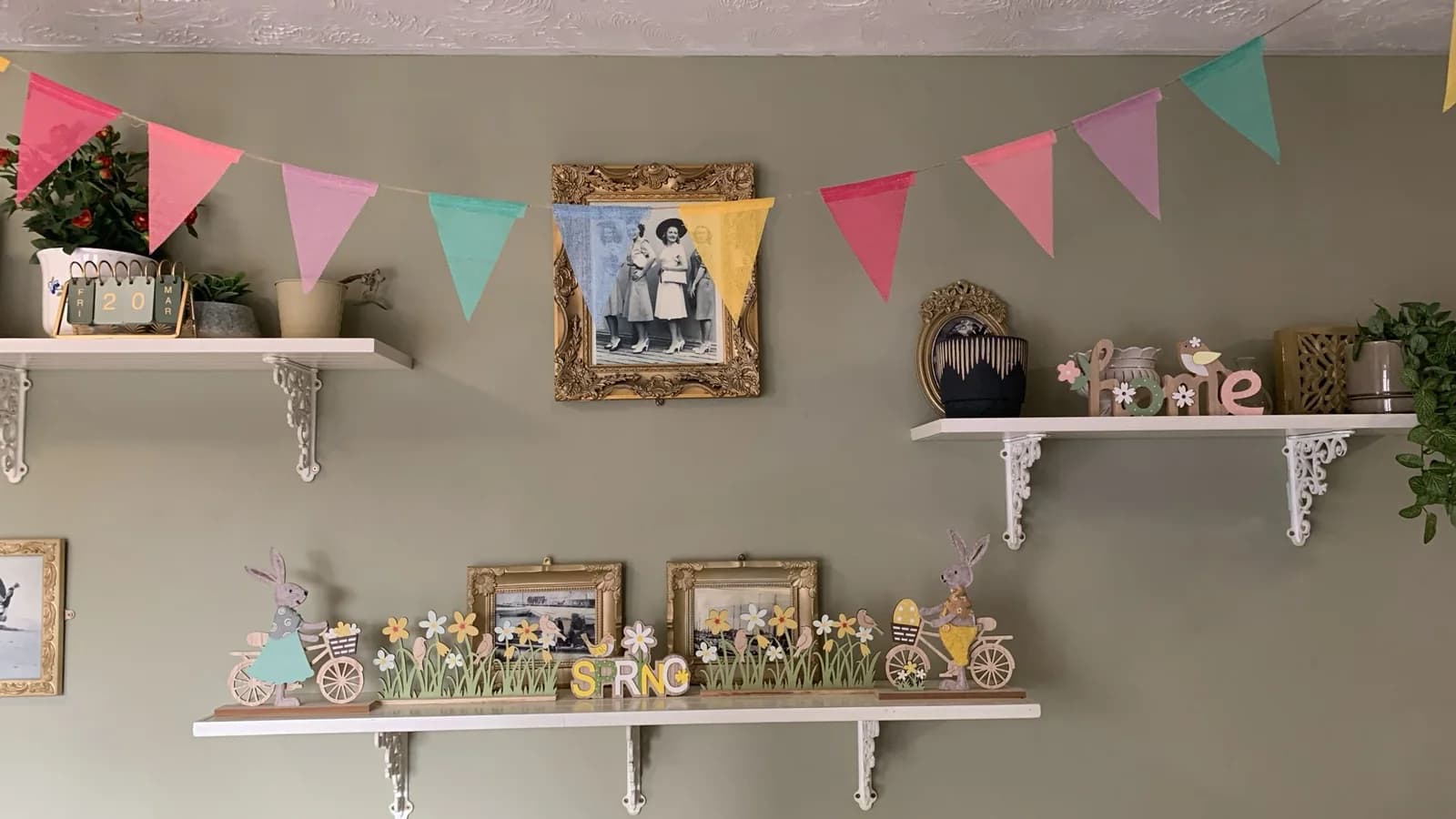 Spring decorations and bunting on shelves at Broadland House.